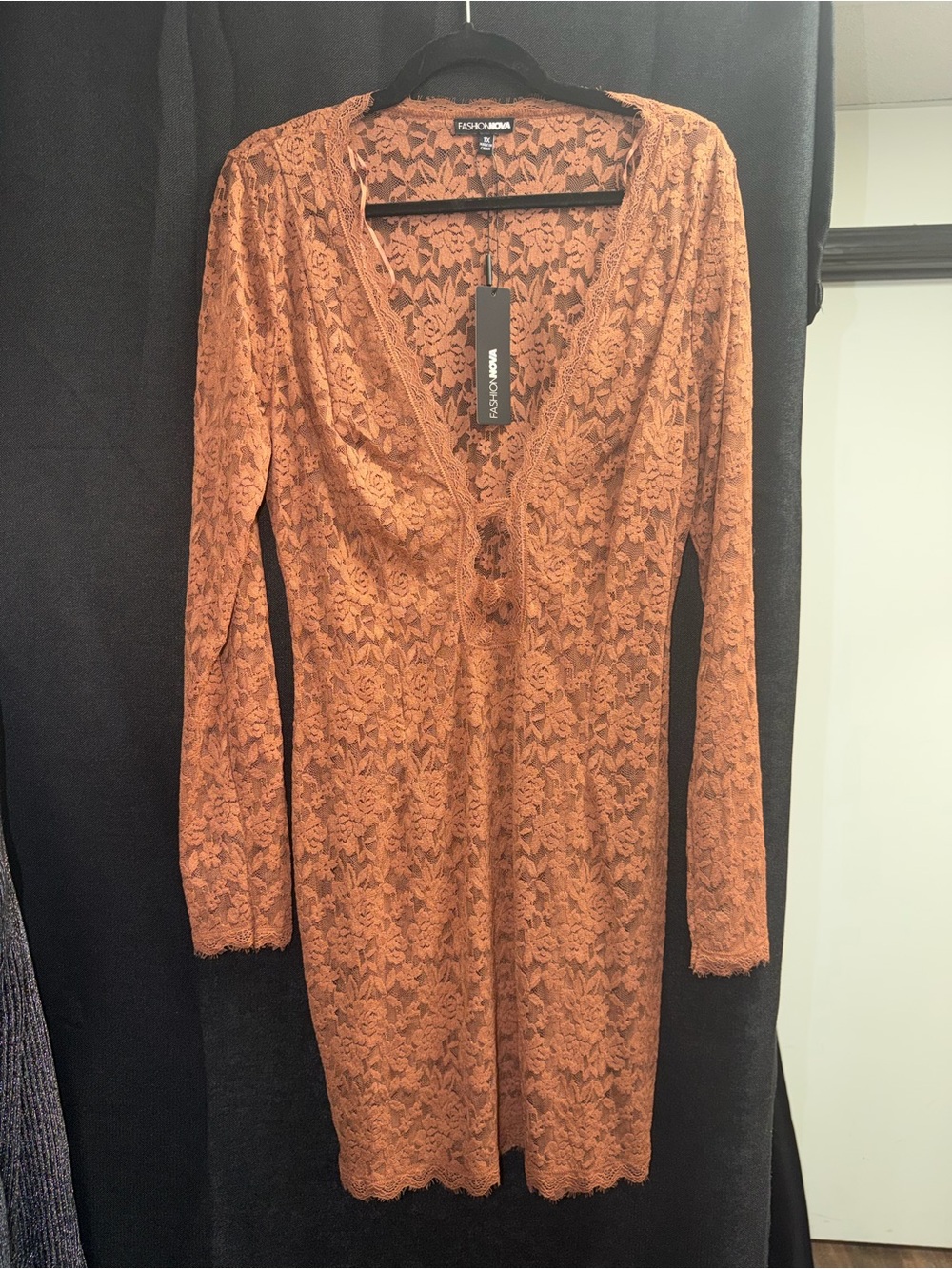 Fashion Nova Burnt Orange Lace Long Sleeve Dress